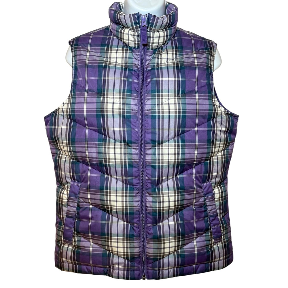 Lands End Purple Plaid Puffer Vest Quilted Full Zip Front Pockets Womens S (6-8)